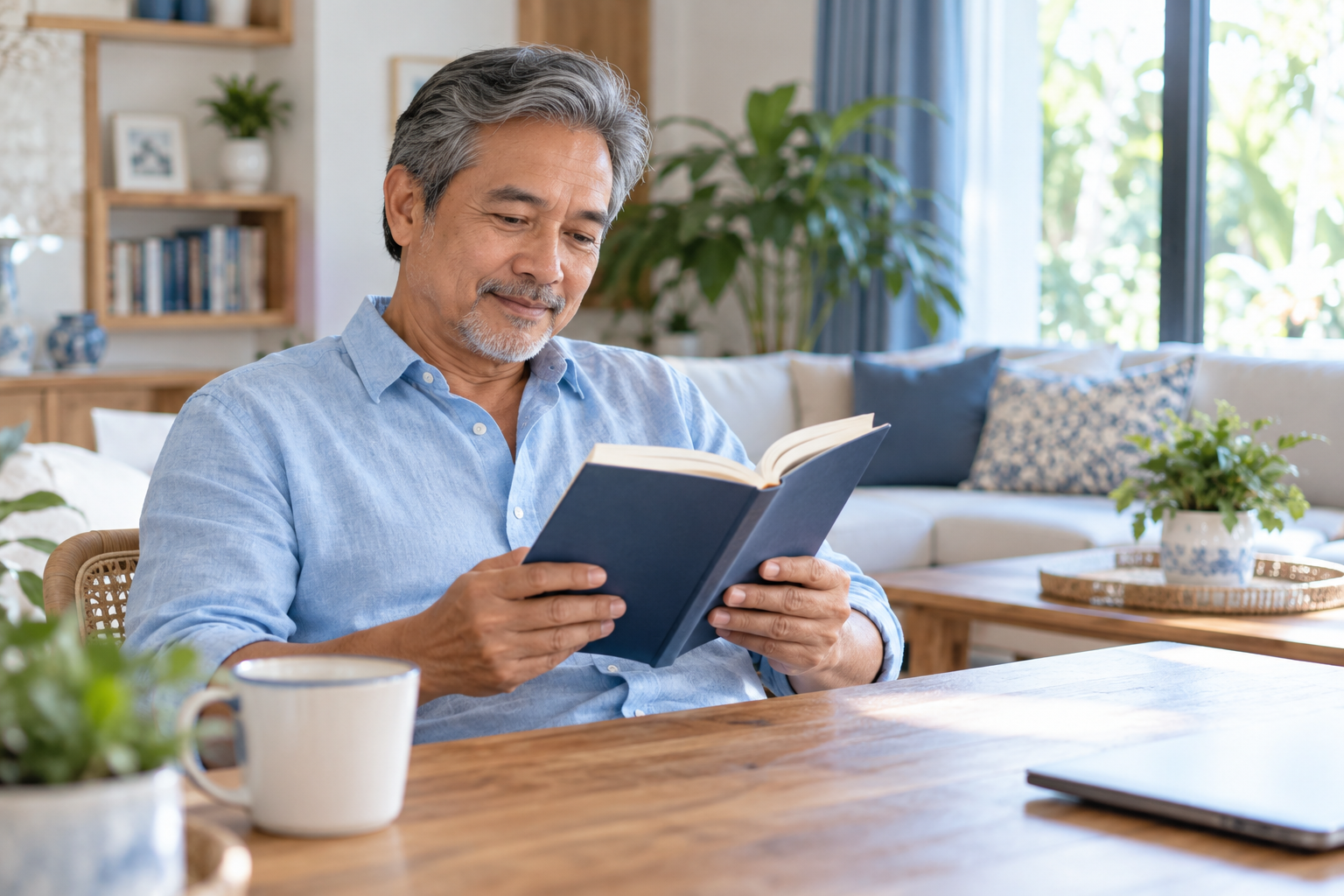 Man reading practical lifestyle information at home